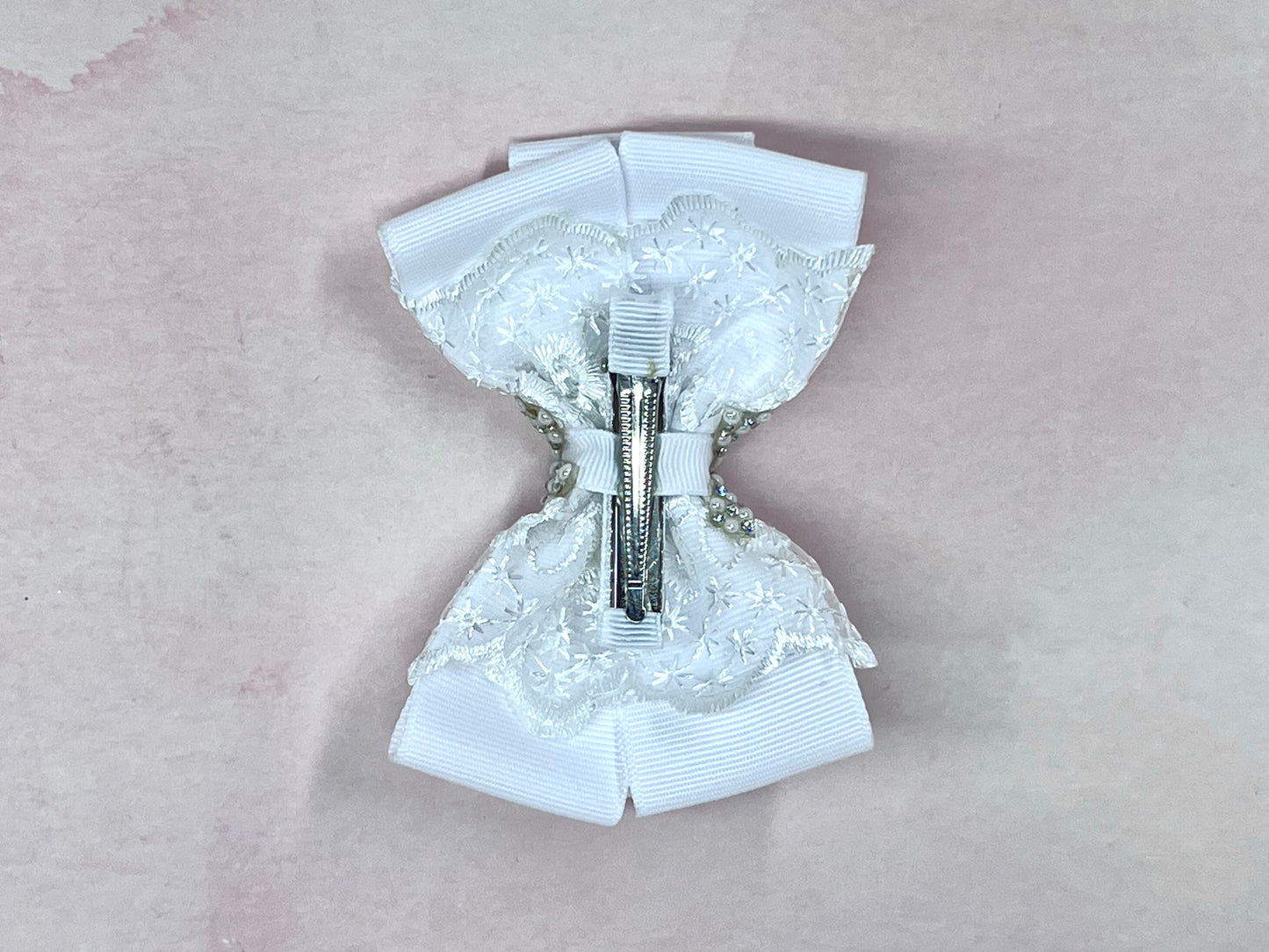 Delicate White Lace and Grosgrain Hair Clips Bow with Rhinestone Center – Wedding Hair Clips - Perfect for Special Moments - Wedding Hair Bow accessories