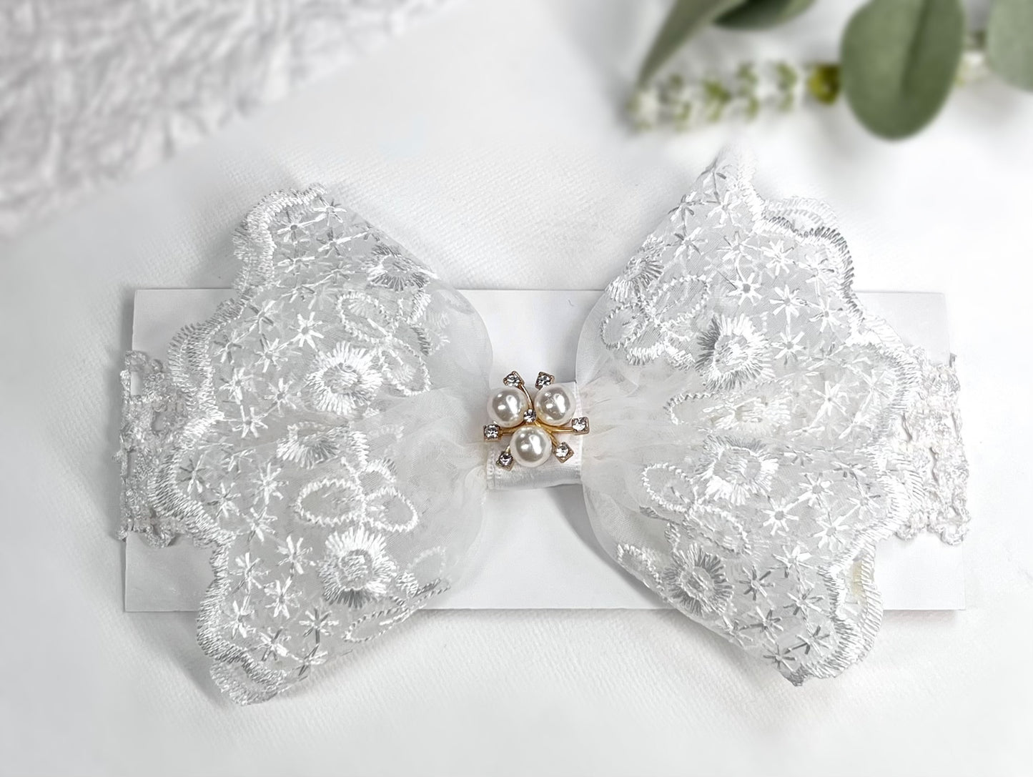 Exquisite Lace Elastic Headband with Pearl and Rhinestone Center – Perfect for Newborns and Special Occasions - Wedding Hair Bow Accessories