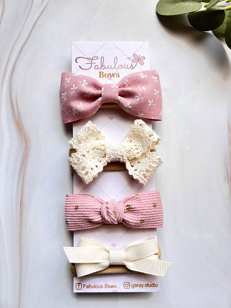 Handmade Baby Girl Hair Bows – Set of 4: Linen, Vintage Lace, Corduroy with Gold Dots, and Grosgrain – Perfect Baby Shower Gift