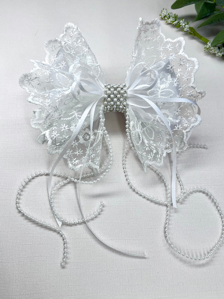 Delicate Lace and Pearl Hair Bow – Perfect for Flower Girls and Special Occasions - Wedding Hair Bow Accessories