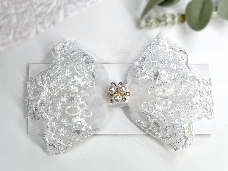 Exquisite Lace Headband with Pearl and Rhinestone Center – Perfect for Newborns and Special Occasions - Wedding Hair Bows Accessories