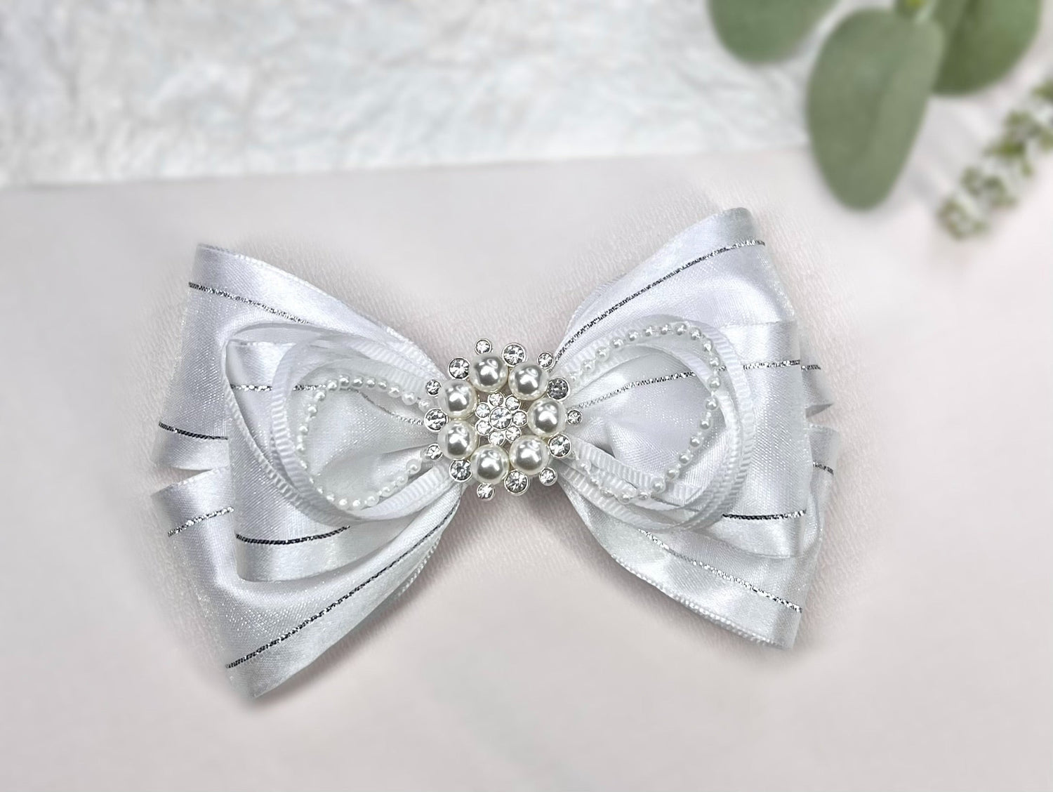 Elegant Satin Bow with Pearl and Rhinestone Embellishment – Ideal for Weddings and Celebrations - Wedding Hair Bow Accessories