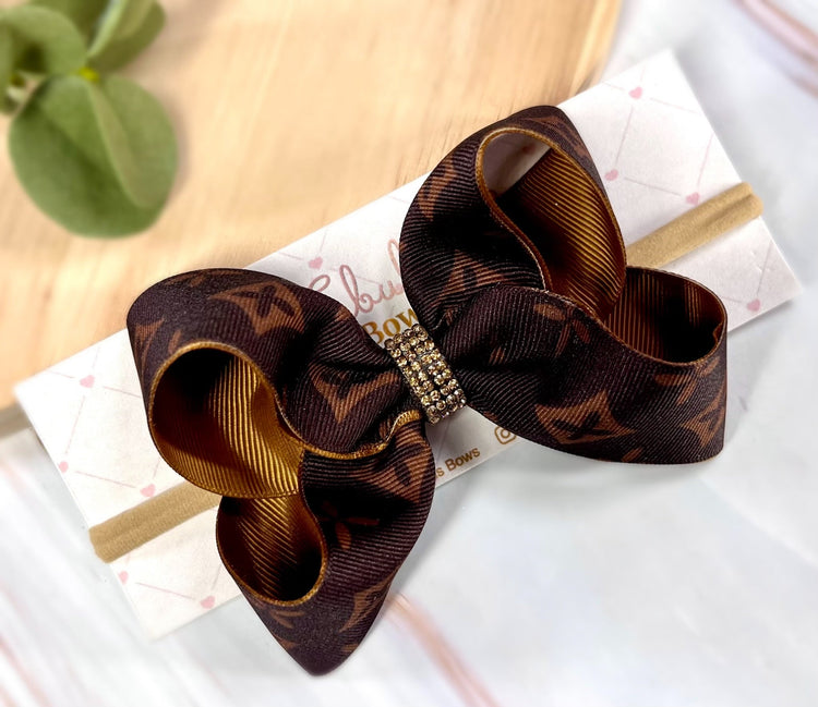 Timeless Elegance – Luxe Brown Baby Bow Headband with a gold Rhinestone Accent