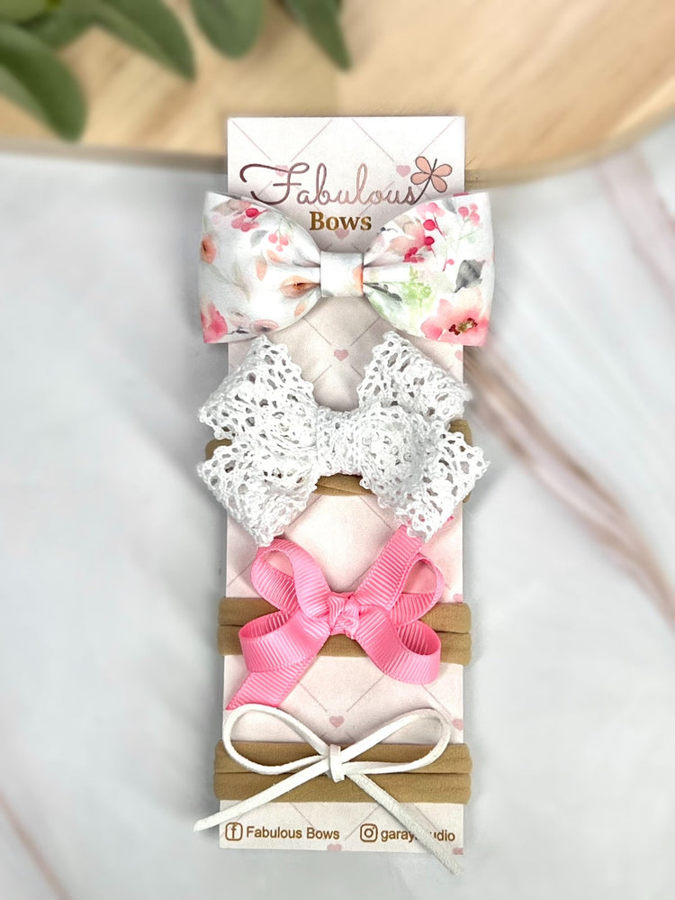 Vintage Floral Baby Headband Collection – Delicate Lace and Timeless Ribbon Bows (4-Pack)