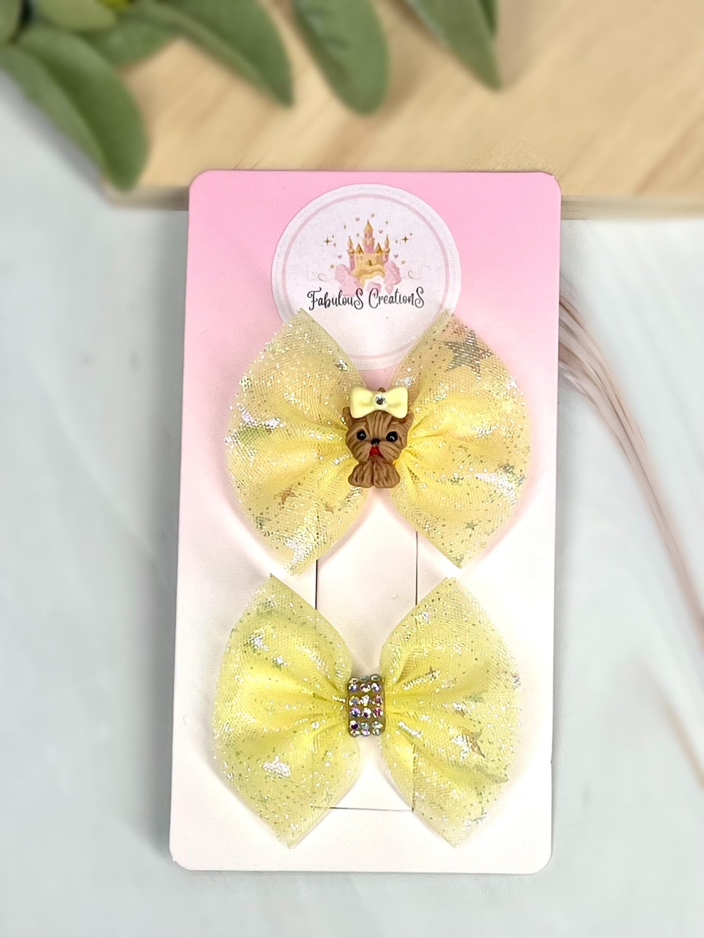 Set of Two Handmade Tulle Pet Hair Bows - One with Custom Air Dry Clay Dog Charm, One with Crystal Rhinestone Accent.