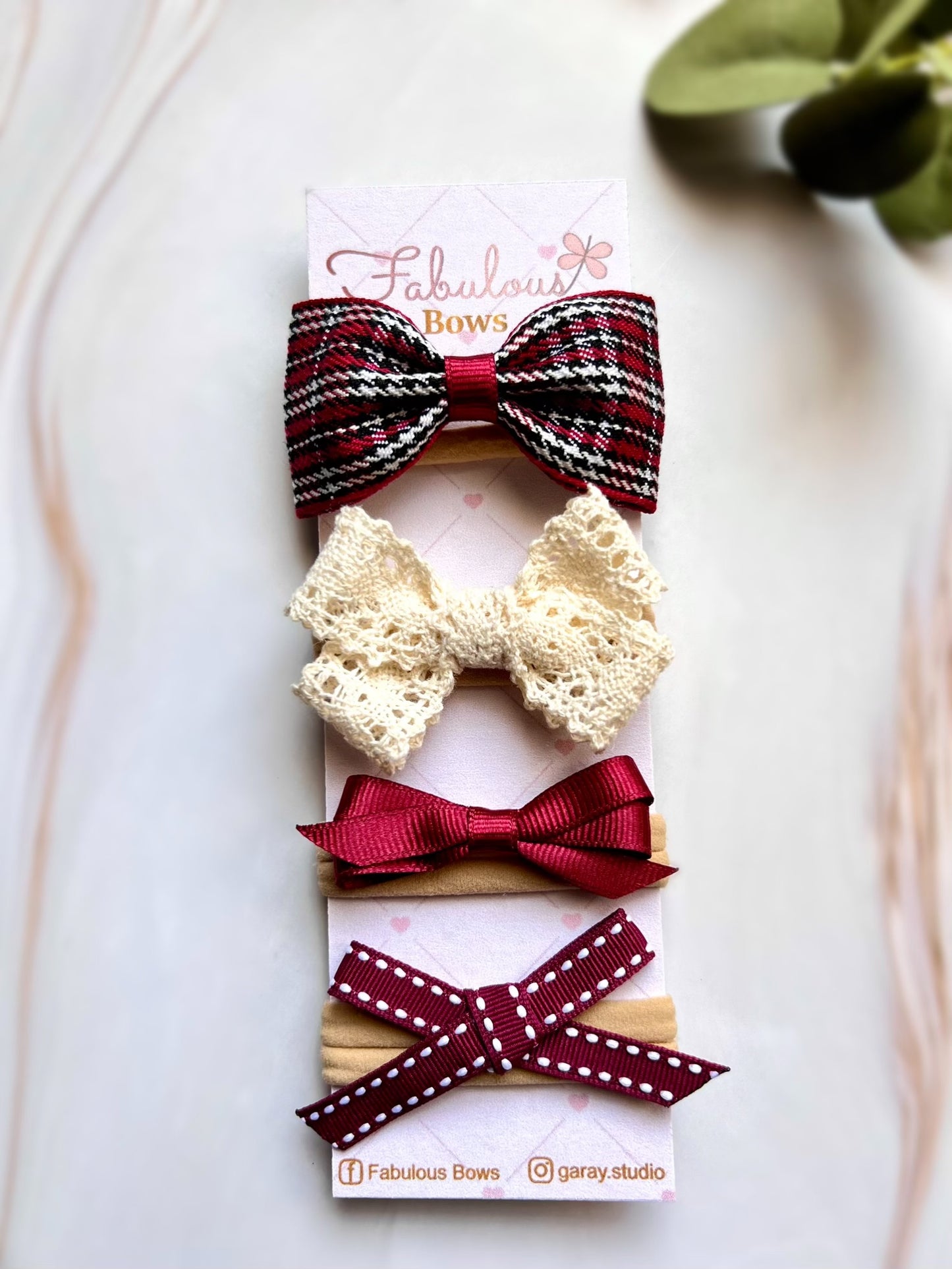 Handmade Baby Girl Hair Bows – Set of 4: Linen, Vintage Lace, Corduroy with Gold Dots, and Grosgrain – Perfect Baby Shower Gift