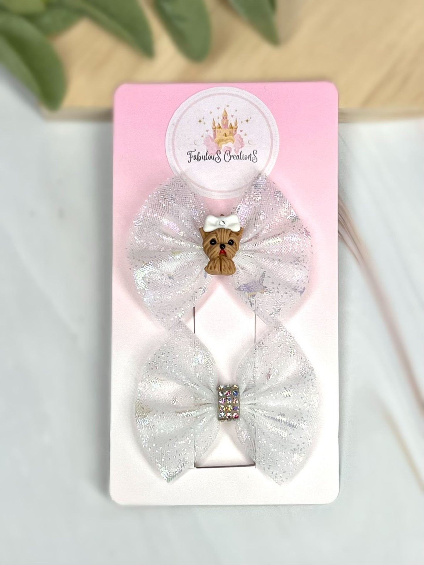 Set of Two Handmade Tulle Pet Hair Bows - One with Custom Air Dry Clay Dog Charm, One with Crystal Rhinestone Accent.