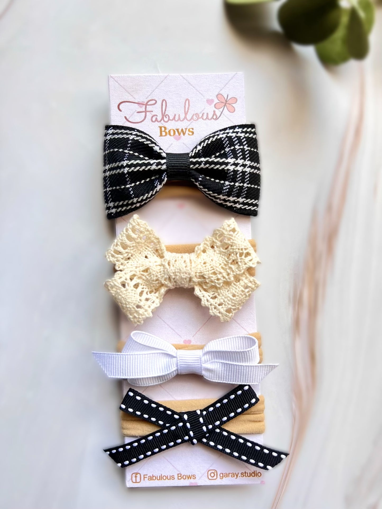 Handmade Baby Girl Hair Bows – Set of 4: Linen, Vintage Lace, Corduroy with Gold Dots, and Grosgrain – Perfect Baby Shower Gift