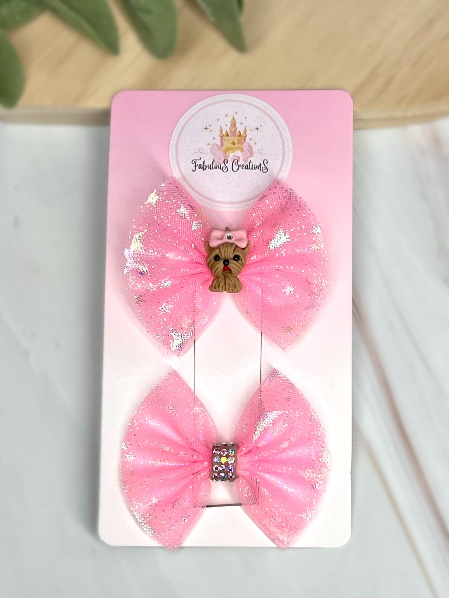 Set of Two Handmade Tulle Pet Hair Bows - One with Custom Air Dry Clay Dog Charm, One with Crystal Rhinestone Accent.