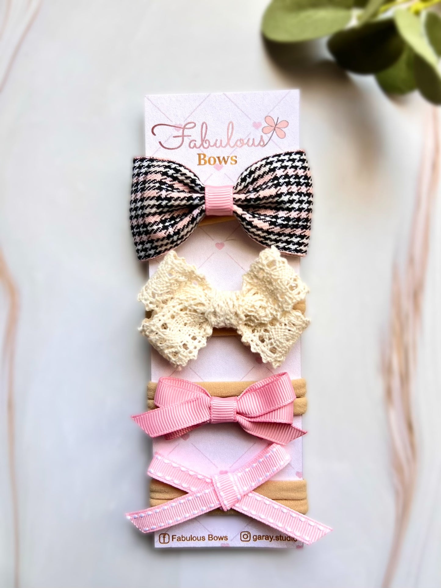 Handmade Baby Girl Hair Bows – Set of 4: Linen, Vintage Lace, Corduroy with Gold Dots, and Grosgrain – Perfect Baby Shower Gift