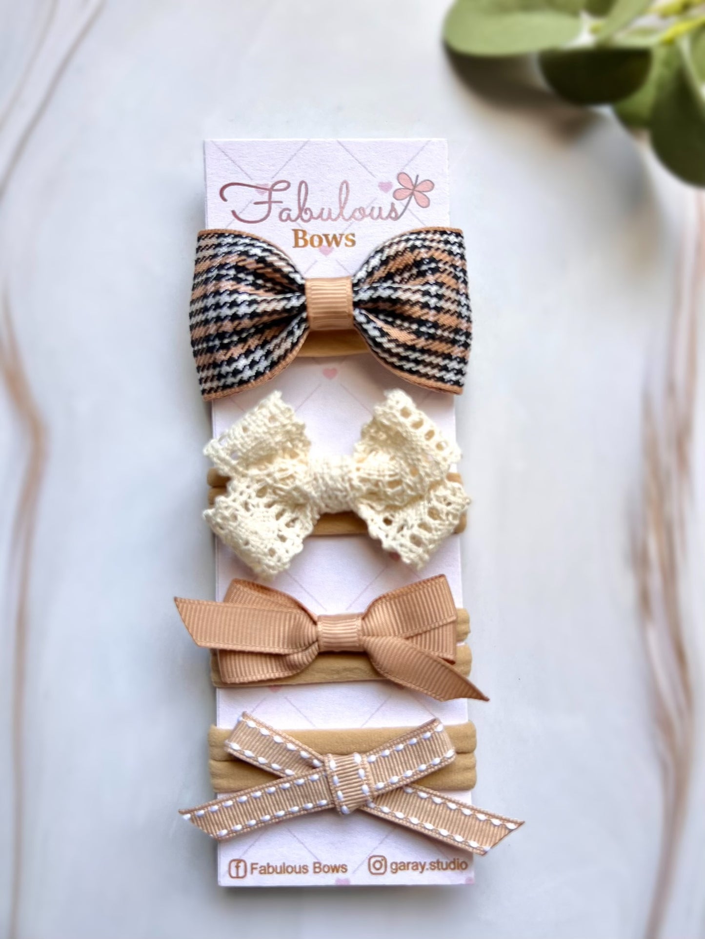 Handmade Baby Girl Hair Bows – Set of 4: Linen, Vintage Lace, Corduroy with Gold Dots, and Grosgrain – Perfect Baby Shower Gift