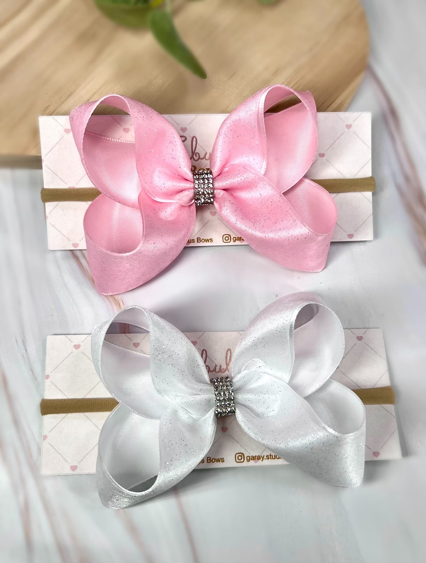 Sparkle Organza and Satin Bows with Crystal Rhinestone Accents - Handmade Baby Headbands