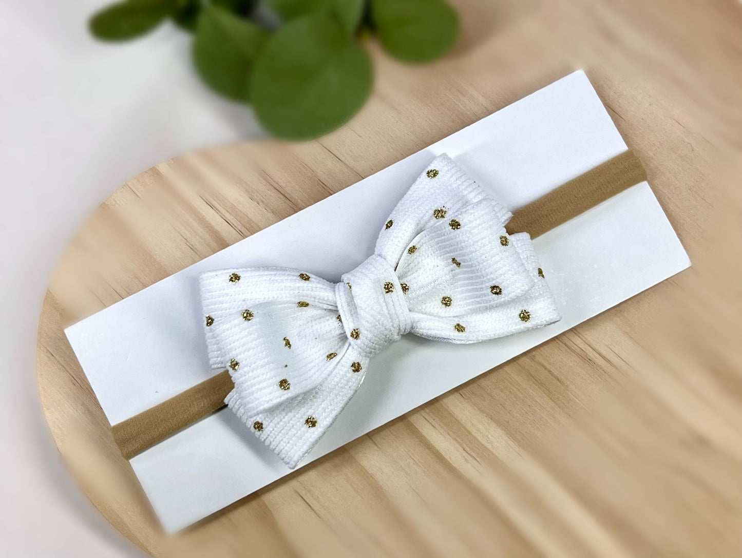 Corduroy Stripe Ribbon with Gold Dots - Soft Stretchy Nylon Baby Headband with Glittery Bow – 11 Vibrant Colors Available