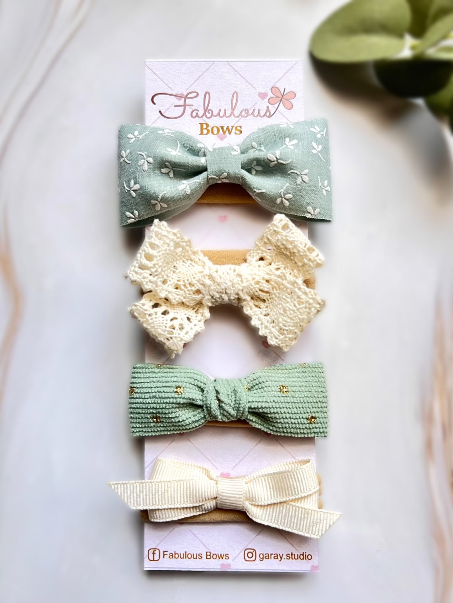 Handmade Baby Girl Hair Bows – Set of 4: Linen, Vintage Lace, Corduroy with Gold Dots, and Grosgrain – Perfect Baby Shower Gift