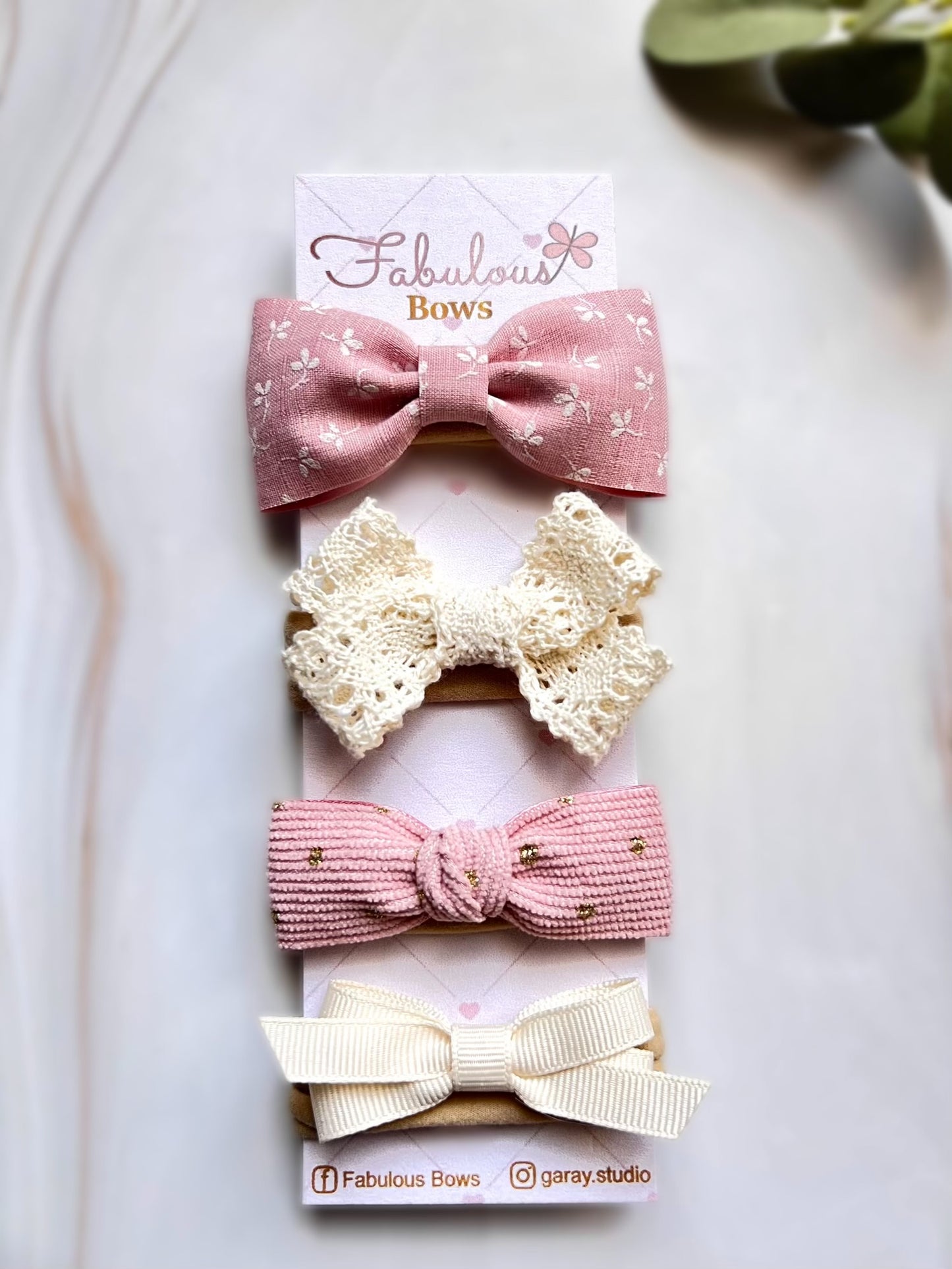 Handmade Baby Girl Hair Bows – Set of 4: Linen, Vintage Lace, Corduroy with Gold Dots, and Grosgrain – Perfect Baby Shower Gift