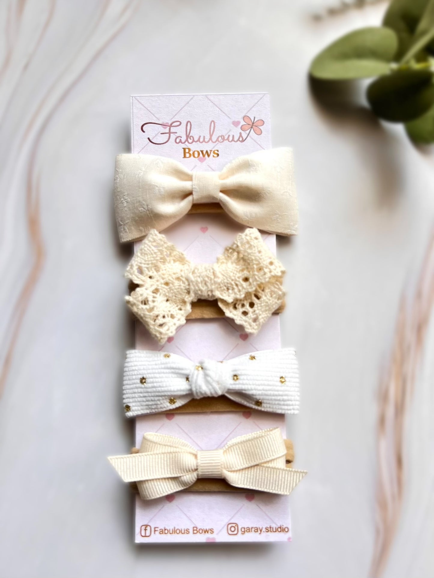 Handmade Baby Girl Hair Bows – Set of 4: Linen, Vintage Lace, Corduroy with Gold Dots, and Grosgrain – Perfect Baby Shower Gift