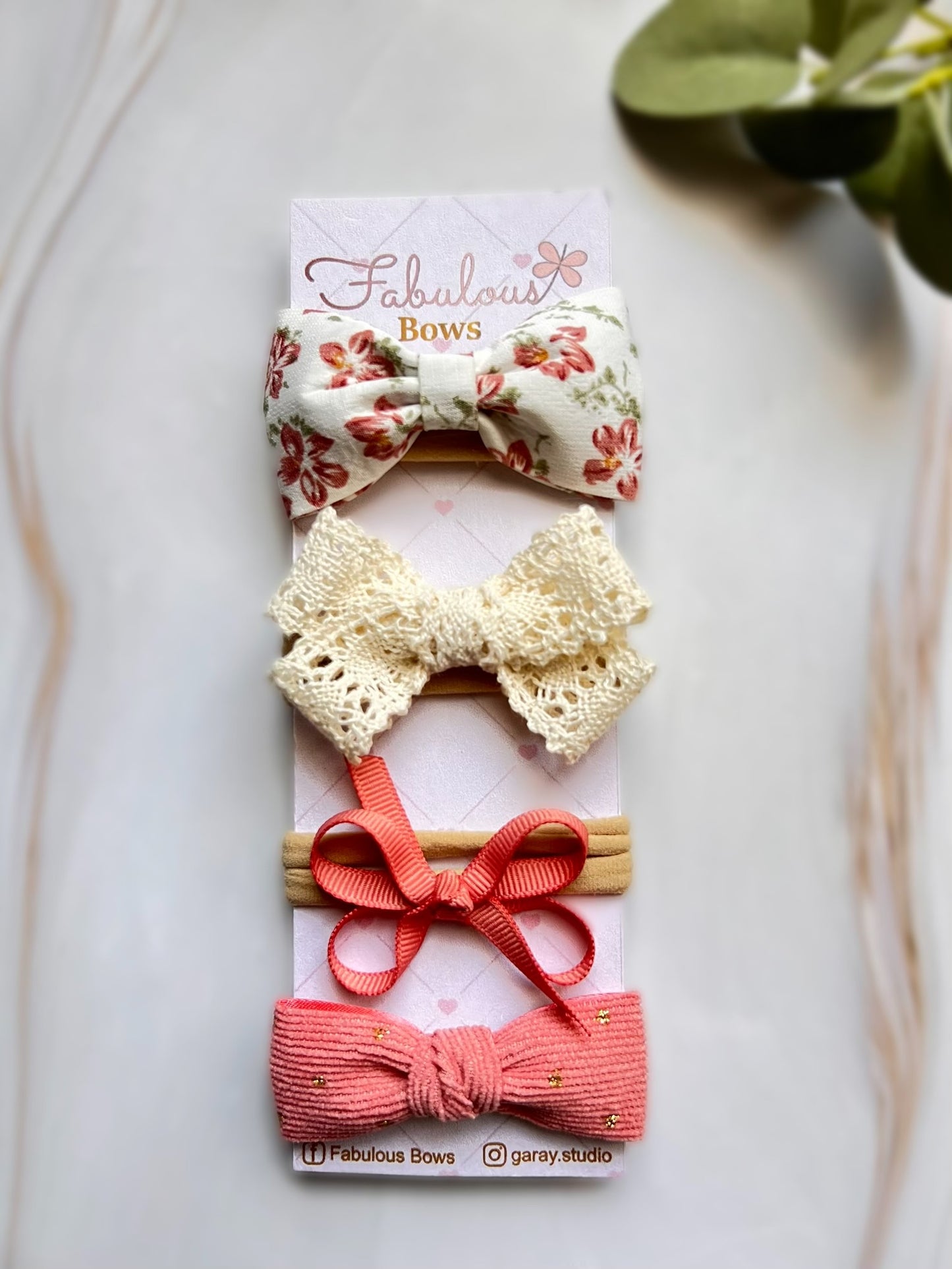 Handmade Baby Girl Hair Bows – Set of 4: Linen, Vintage Lace, Corduroy with Gold Dots, and Grosgrain – Perfect Baby Shower Gift